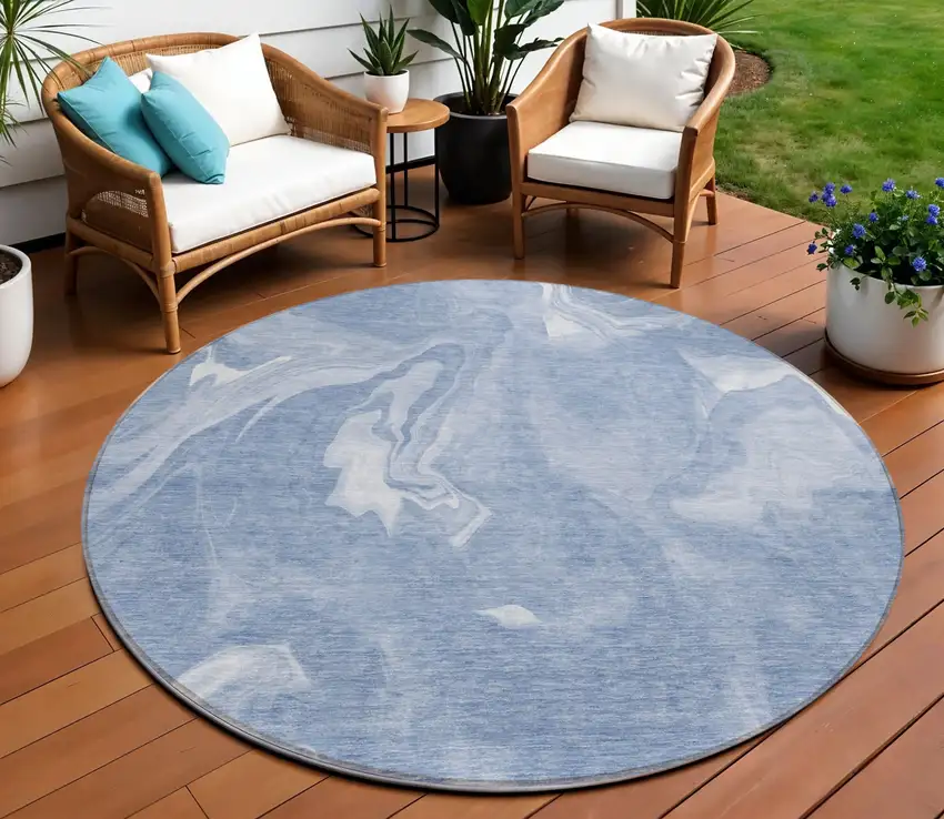 8' Blue And Sky Blue Round Abstract Washable Indoor Outdoor Area Rug Photo 1