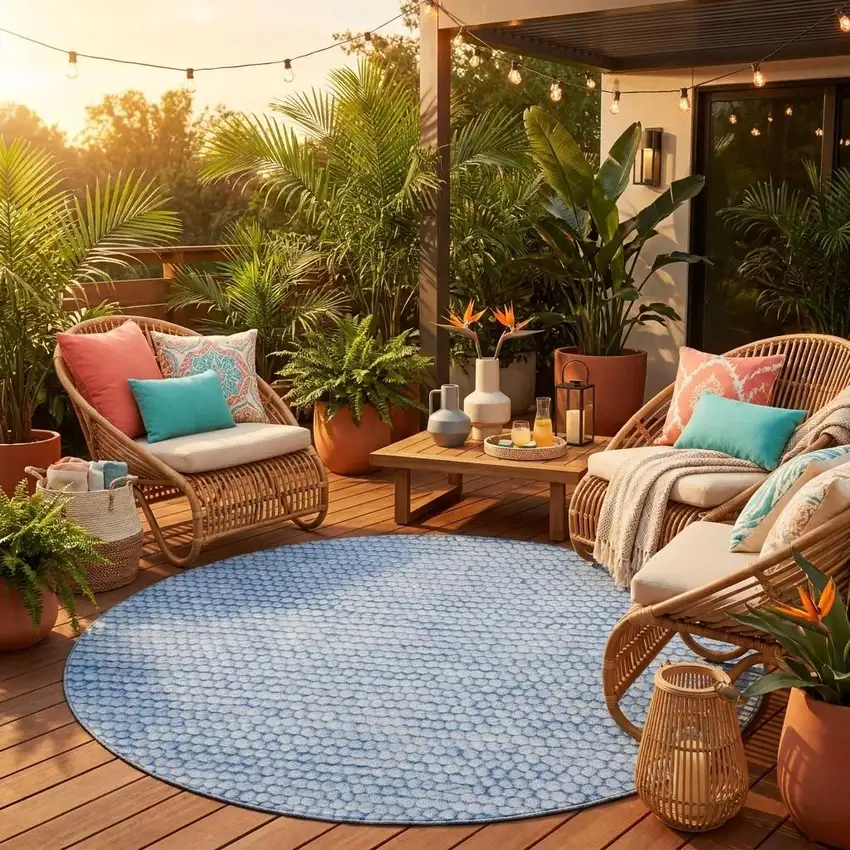 8' Blue And Sky Blue Round Striped Washable Indoor Outdoor Area Rug Photo 1