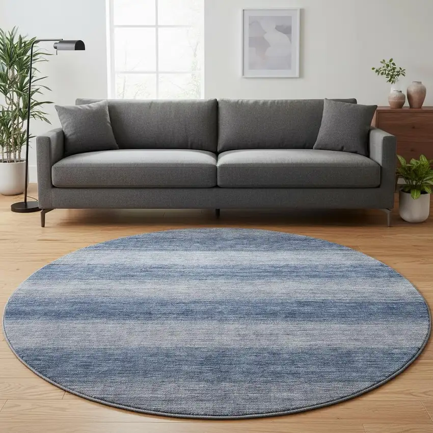 8' Blue And Sky Blue Striped Washable Round Rug With UV Protection Photo 2