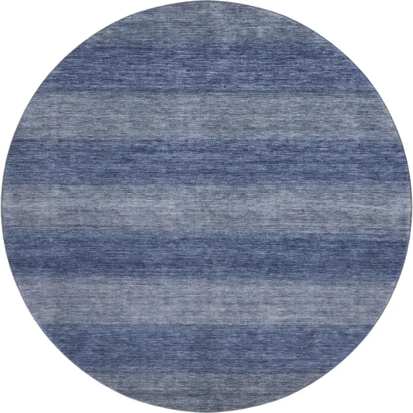 8' Blue And Sky Blue Striped Washable Round Rug With UV Protection Photo 1