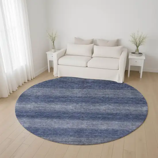 8' Blue And Sky Blue Striped Washable Round Rug With UV Protection Photo 4