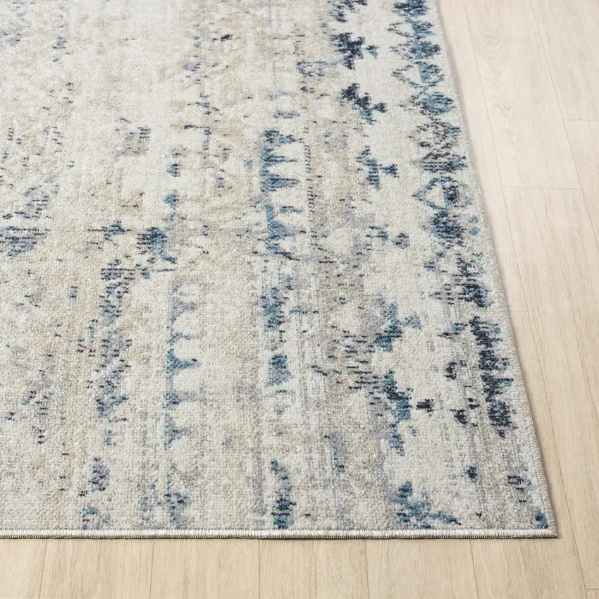 8' Blue And Sky Blue Tribal Distressed Washable Runner Rug Photo 8
