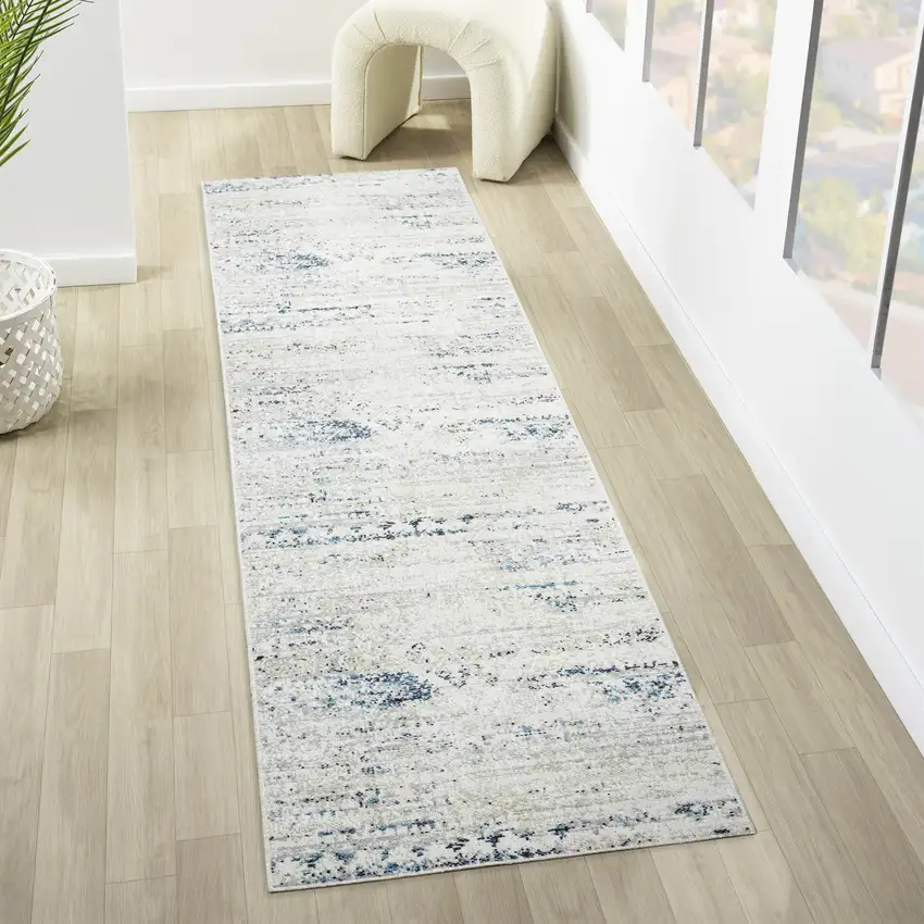 8' Blue And Sky Blue Tribal Distressed Washable Runner Rug Photo 6