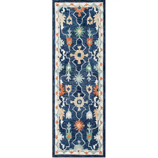 7' Blue And Sky Blue Wool Floral Hand Tufted Runner Rug Photo 3