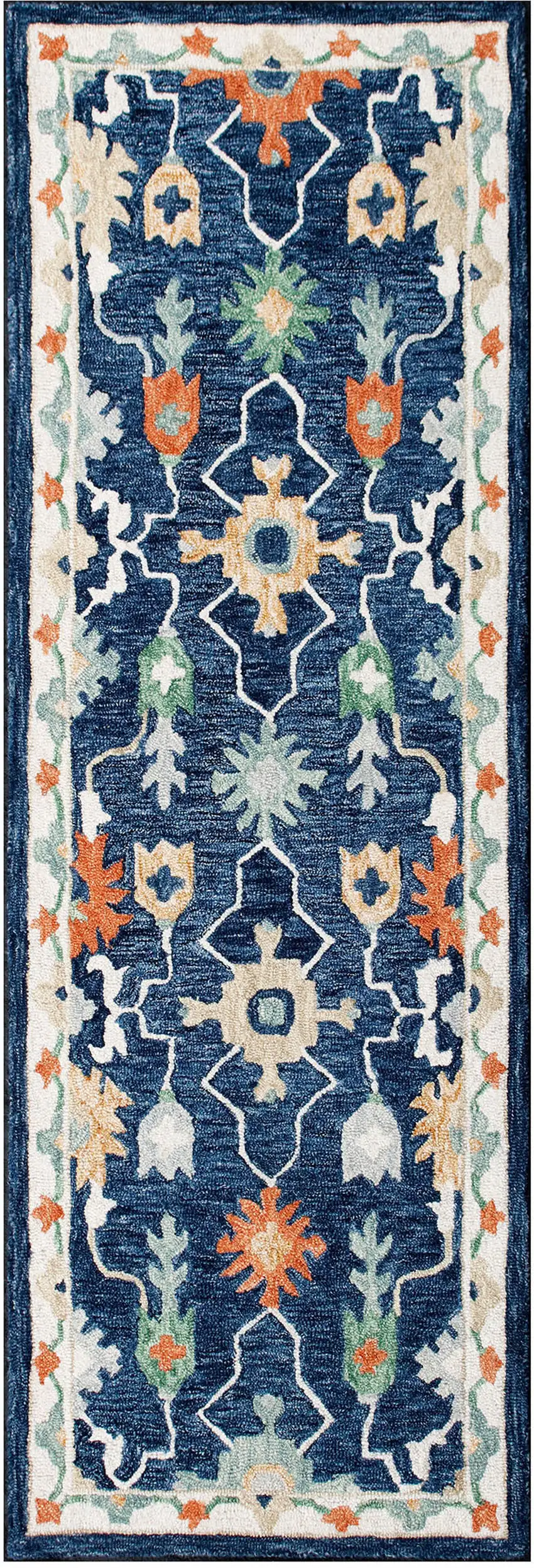 7' Blue And Sky Blue Wool Floral Hand Tufted Runner Rug Photo 3