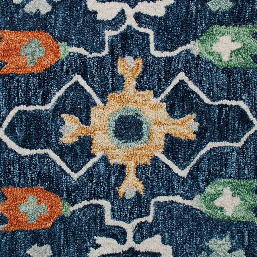 7' Blue And Sky Blue Wool Floral Hand Tufted Runner Rug Photo 9