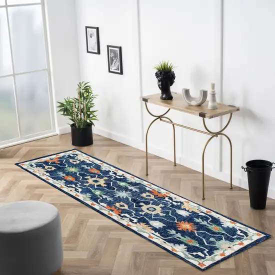 7' Blue And Sky Blue Wool Floral Hand Tufted Runner Rug Photo 4