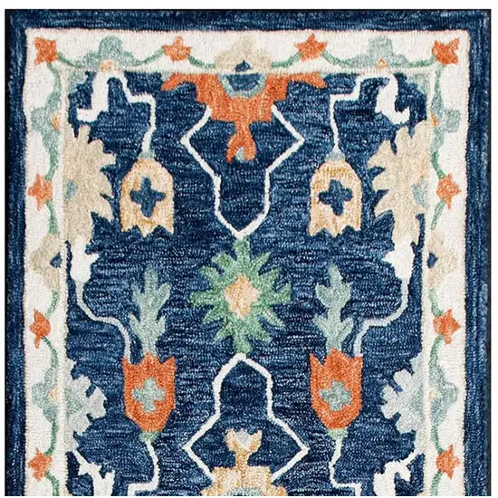 7' Blue And Sky Blue Wool Floral Hand Tufted Runner Rug Photo 2