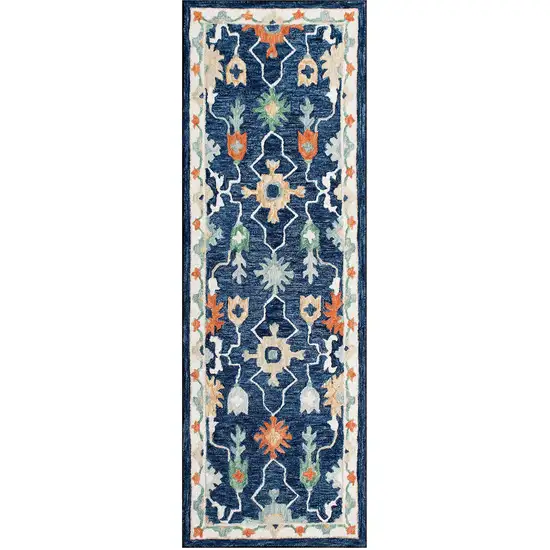 7' Blue And Sky Blue Wool Floral Hand Tufted Runner Rug Photo 1