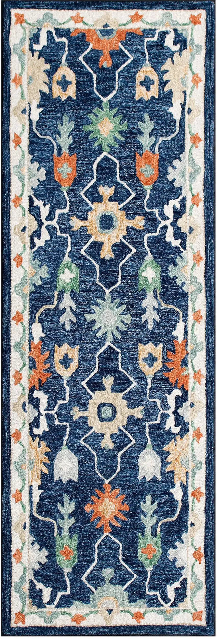 7' Blue And Sky Blue Wool Floral Hand Tufted Runner Rug Photo 1