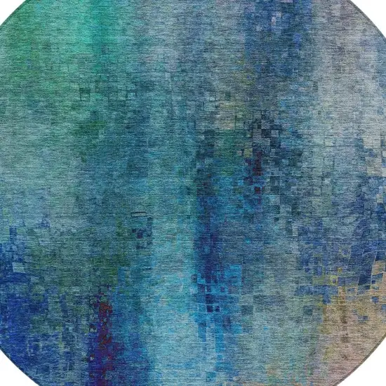 8' Blue And Tan Round Abstract Washable Indoor Outdoor Area Rug Photo 8