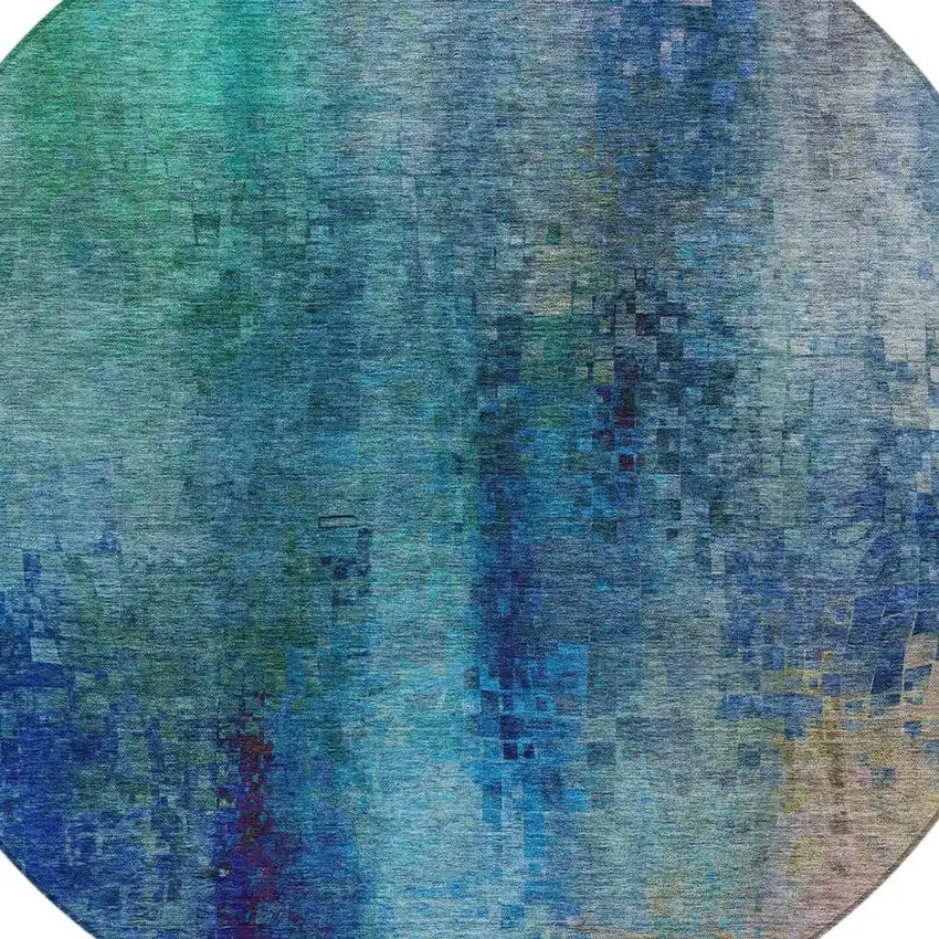 8' Blue And Tan Round Abstract Washable Indoor Outdoor Area Rug Photo 8