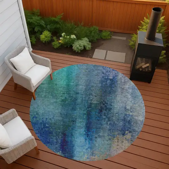 8' Blue And Tan Round Abstract Washable Indoor Outdoor Area Rug Photo 9