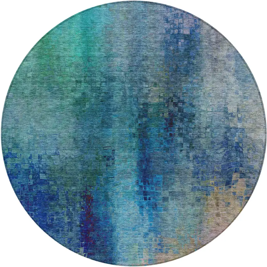 8' Blue And Tan Round Abstract Washable Indoor Outdoor Area Rug Photo 2
