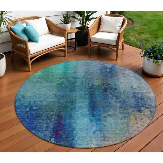 8' Blue And Tan Round Abstract Washable Indoor Outdoor Area Rug Photo 1