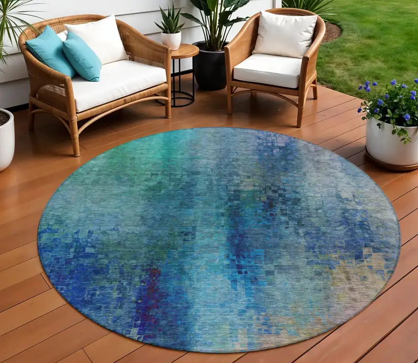 8' Blue And Tan Round Abstract Washable Indoor Outdoor Area Rug Photo 1