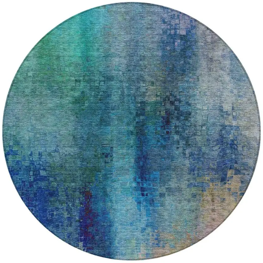 8' Blue And Tan Round Abstract Washable Indoor Outdoor Area Rug Photo 4
