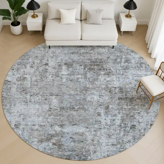 8' Blue And Taupe Abstract Washable Round Rug With UV Protection Photo 5