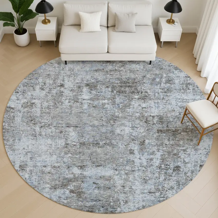 8' Blue And Taupe Abstract Washable Round Rug With UV Protection Photo 5