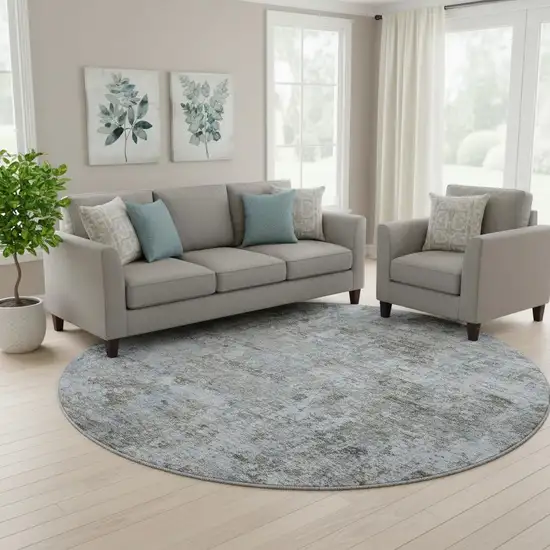 8' Blue And Taupe Abstract Washable Round Rug With UV Protection Photo 2