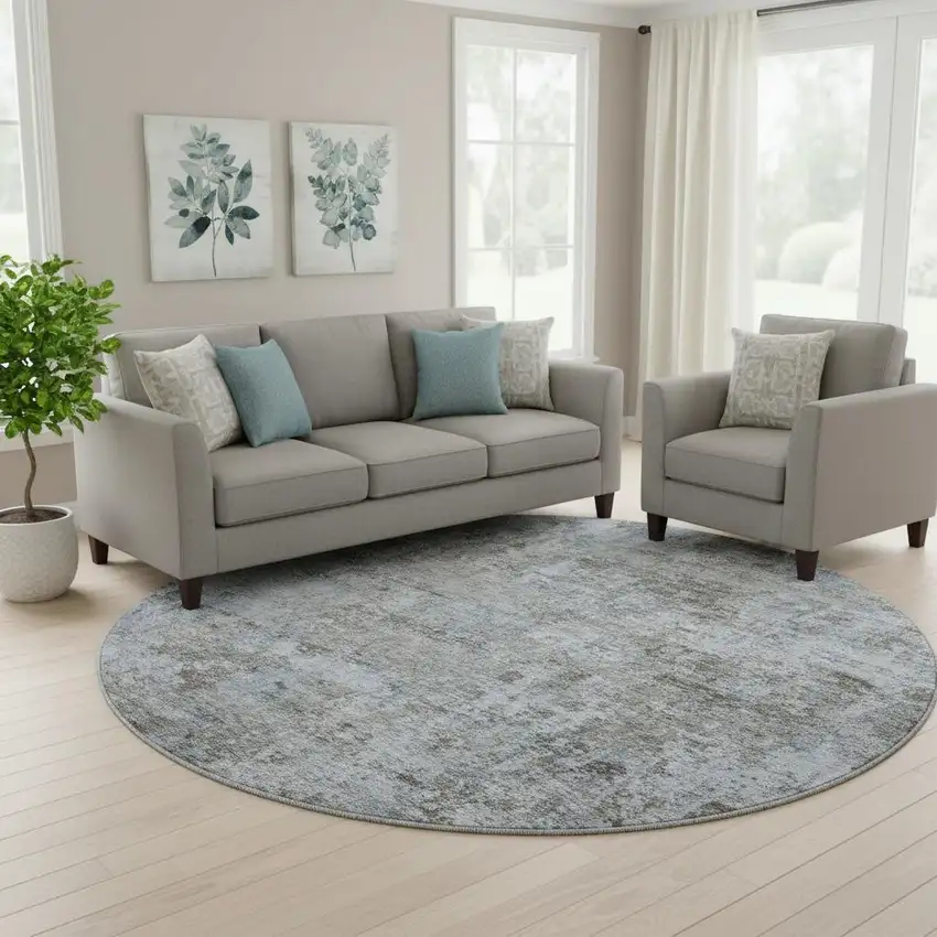 8' Blue And Taupe Abstract Washable Round Rug With UV Protection Photo 2