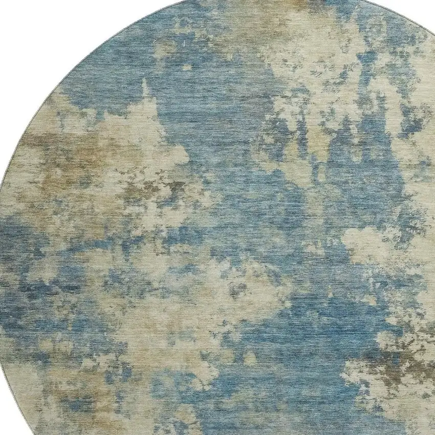 8' Blue And Taupe Abstract Washable Round Rug With UV Protection Photo 3