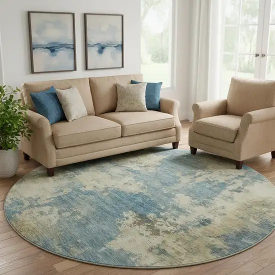 8' Blue And Taupe Abstract Washable Round Rug With UV Protection Photo 2