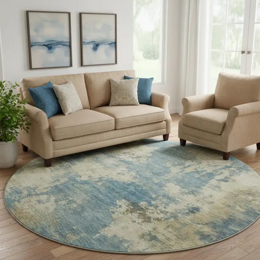 8' Blue And Taupe Abstract Washable Round Rug With UV Protection Photo 2