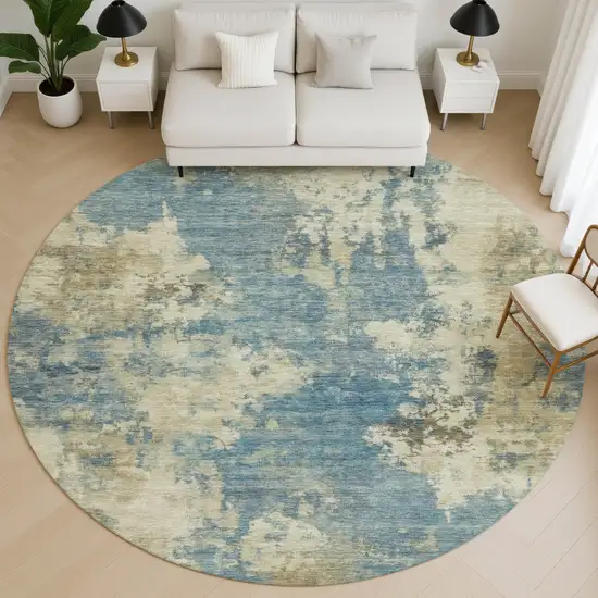 8' Blue And Taupe Abstract Washable Round Rug With UV Protection Photo 5