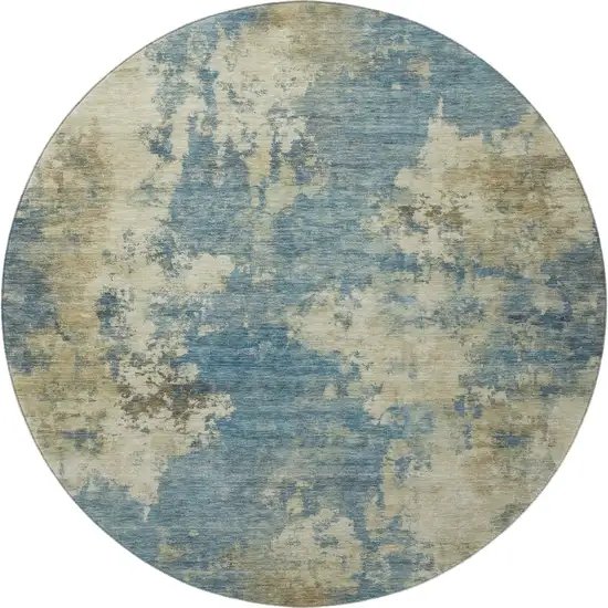 8' Blue And Taupe Abstract Washable Round Rug With UV Protection Photo 4