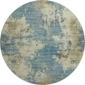 Photo of 8' Blue And Taupe Abstract Washable Round Rug With UV Protection