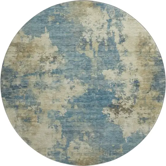 8' Blue And Taupe Abstract Washable Round Rug With UV Protection Photo 1