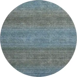 Photo of 8' Blue And Taupe Geometric Washable Round Rug With UV Protection
