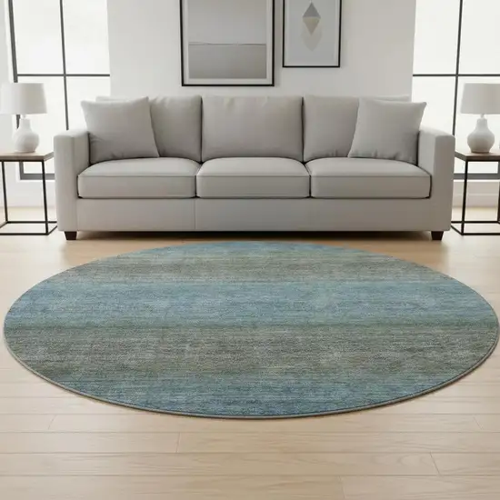 8' Blue And Taupe Geometric Washable Round Rug With UV Protection Photo 2
