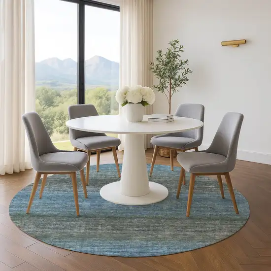 8' Blue And Taupe Geometric Washable Round Rug With UV Protection Photo 5