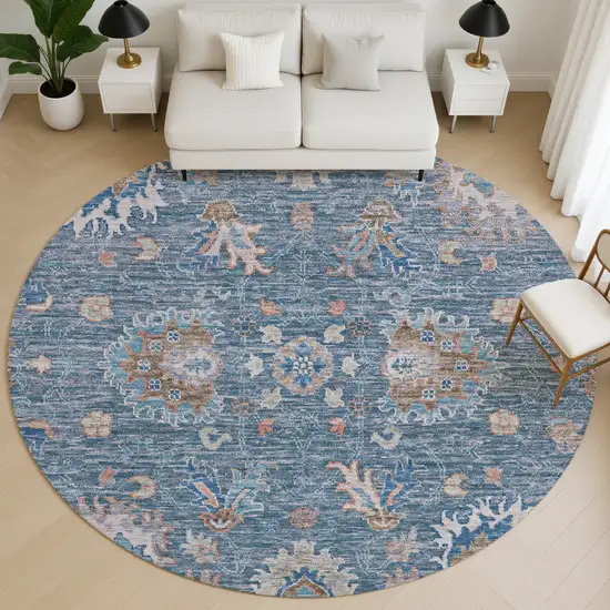 8' Blue And Taupe Oriental Washable Round Rug With UV Protection Photo 5