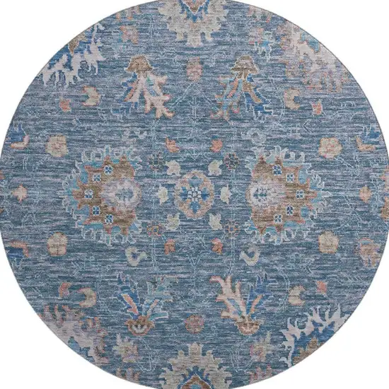 8' Blue And Taupe Oriental Washable Round Rug With UV Protection Photo 4