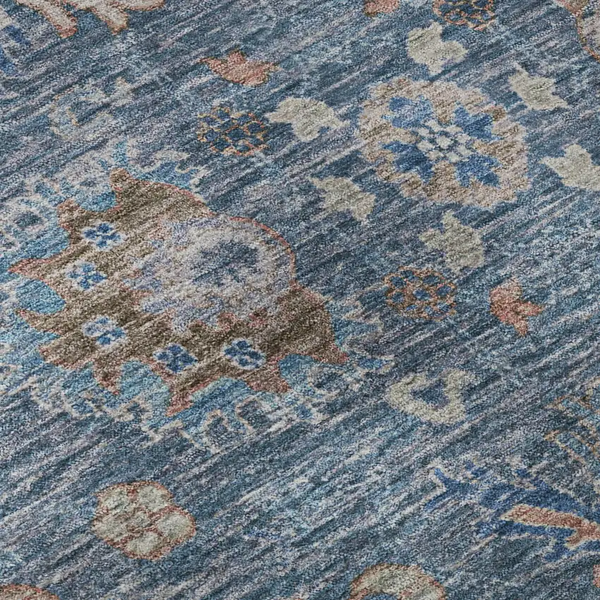 8' Blue And Taupe Oriental Washable Round Rug With UV Protection Photo 7