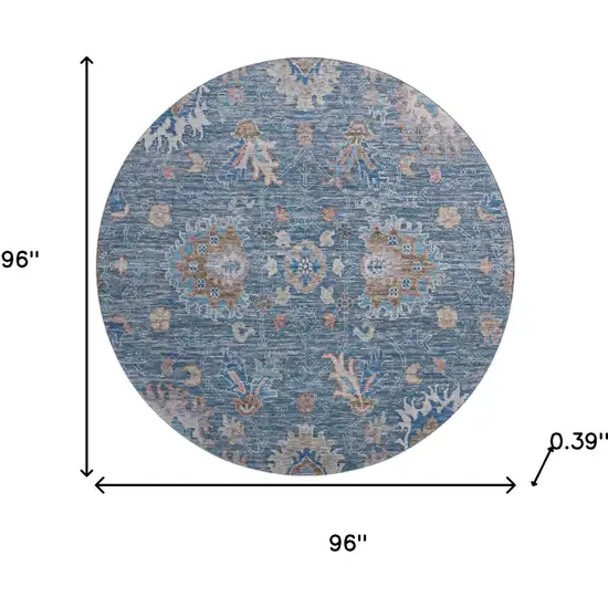 8' Blue And Taupe Oriental Washable Round Rug With UV Protection Photo 8