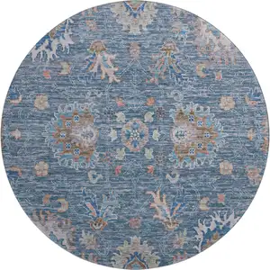 Photo of 8' Blue And Taupe Oriental Washable Round Rug With UV Protection
