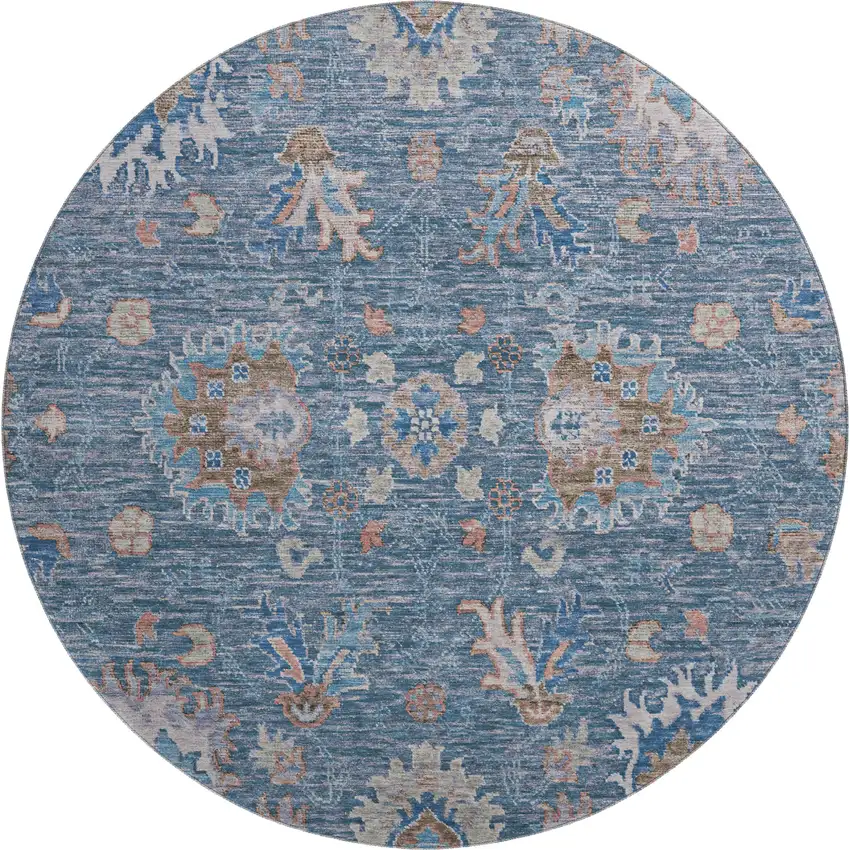 8' Blue And Taupe Oriental Washable Round Rug With UV Protection Photo 1
