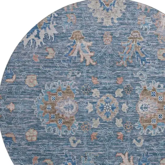8' Blue And Taupe Oriental Washable Round Rug With UV Protection Photo 3