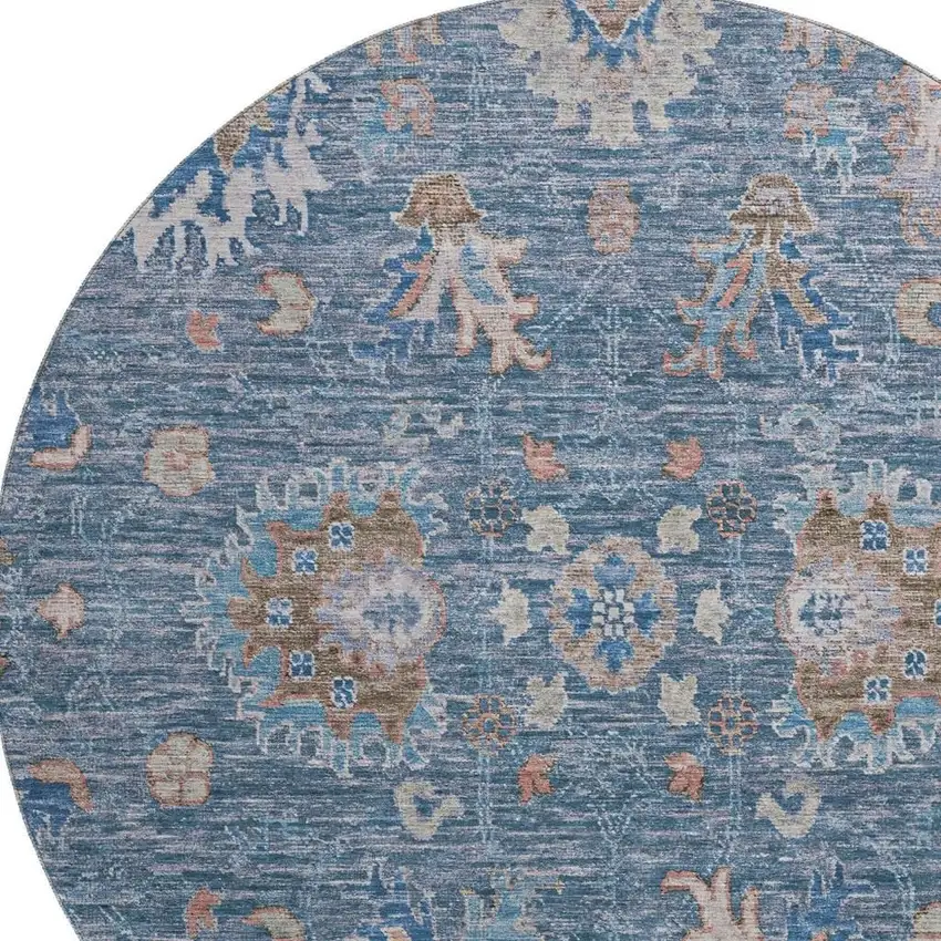 8' Blue And Taupe Oriental Washable Round Rug With UV Protection Photo 3