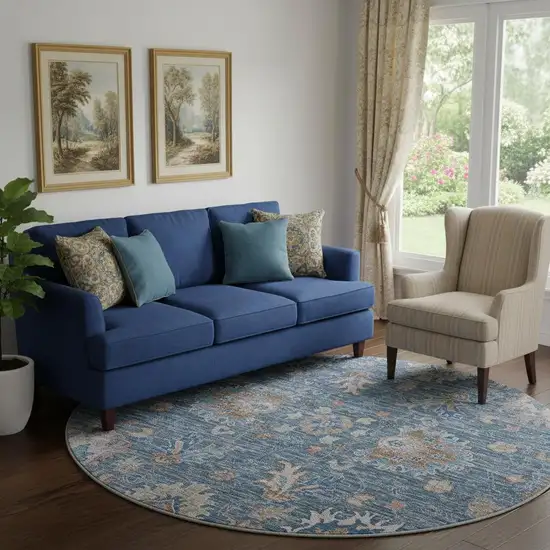 8' Blue And Taupe Oriental Washable Round Rug With UV Protection Photo 2