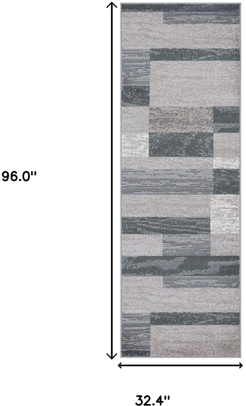 8' Blue And Taupe Patchwork Power Loom Stain Resistant Runner Rug Photo 8