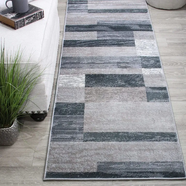 8' Blue And Taupe Patchwork Power Loom Stain Resistant Runner Rug Photo 2
