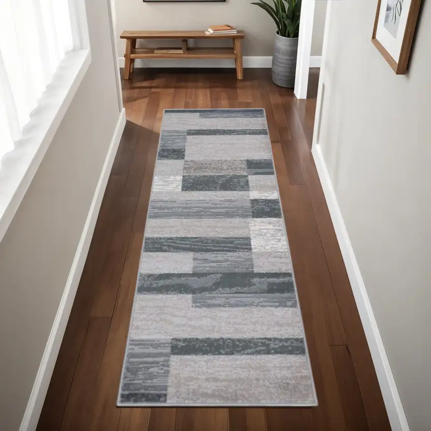 8' Blue And Gray Patchwork Runner Rug Photo 1