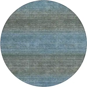 Photo of 8' Blue And Taupe Round Geometric Washable Indoor Outdoor Area Rug