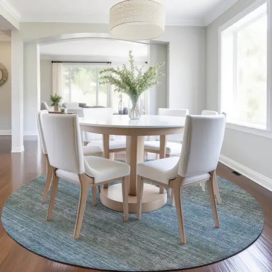 8' Blue And Taupe Round Geometric Washable Indoor Outdoor Area Rug Photo 6