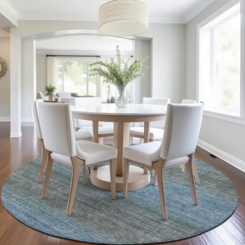 8' Blue And Taupe Round Geometric Washable Indoor Outdoor Area Rug Photo 6